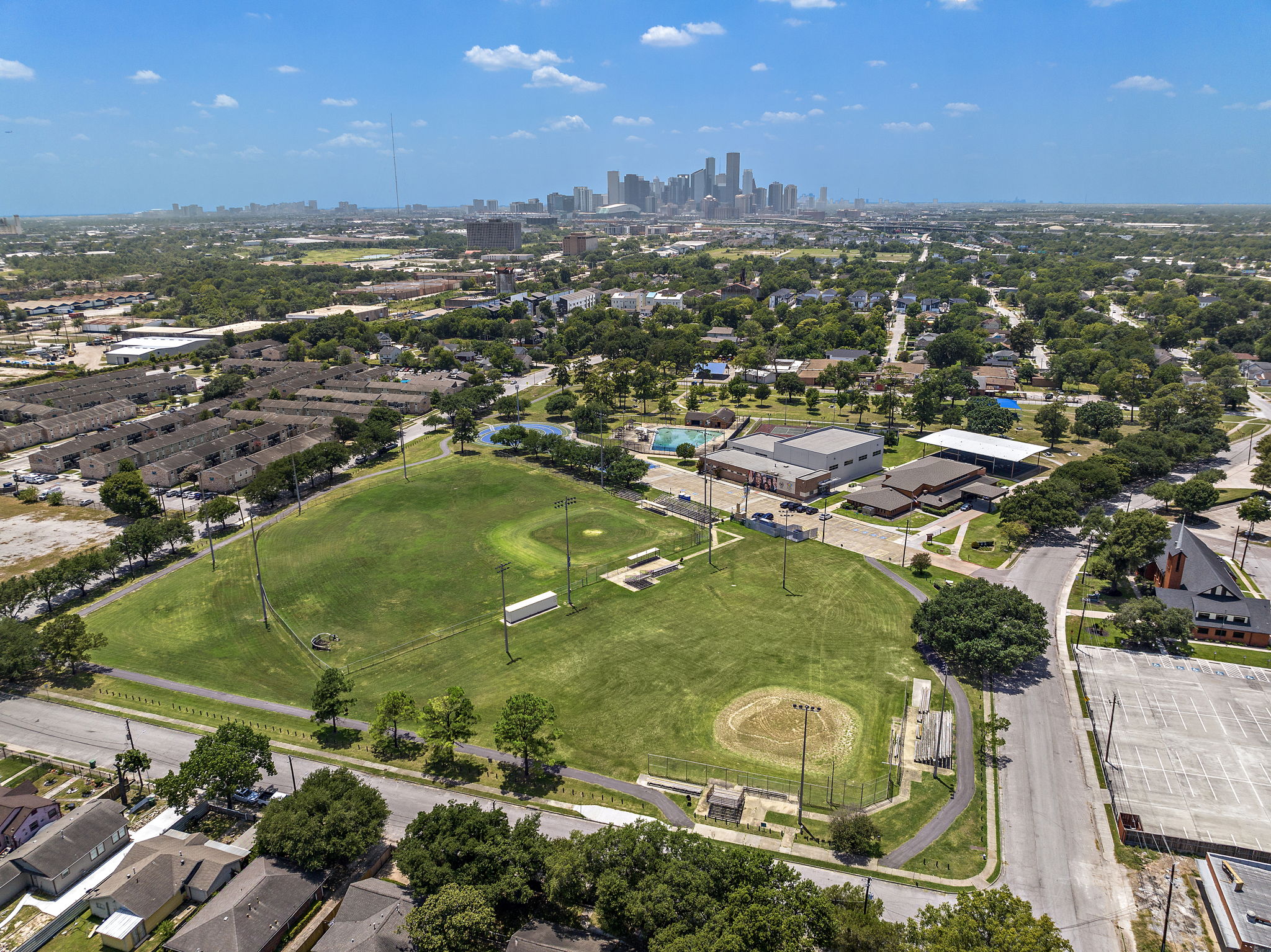 Aerial view of two baseball fields in Finnigan Park